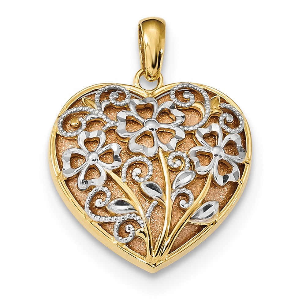 14k Bicolor Gold Gelb & Rosé mit Rhodium Diamantschliff Satiniert & Poliert Blumen-Herz-Anhänger
