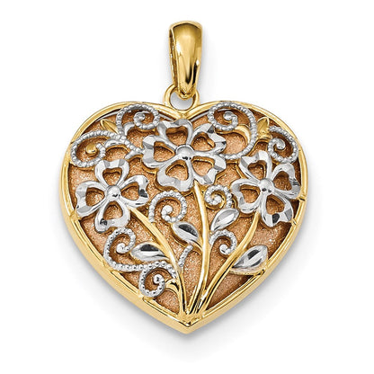 14k Bicolor Gold Gelb & Rosé mit Rhodium Diamantschliff Satiniert & Poliert Blumen-Herz-Anhänger