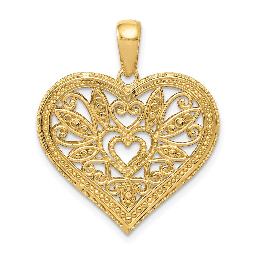 14K Gelb- und Rhodiumgold mit Rhodium, poliert, diamantgeschliffener Filigran-Herz-Anhänger