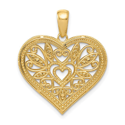 14K Gelb- und Rhodiumgold mit Rhodium, poliert, diamantgeschliffener Filigran-Herz-Anhänger