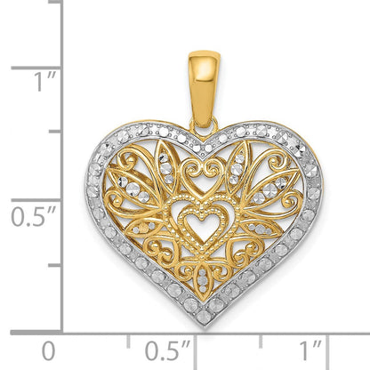 14K Gelb- und Rhodiumgold mit Rhodium, poliert, diamantgeschliffener Filigran-Herz-Anhänger