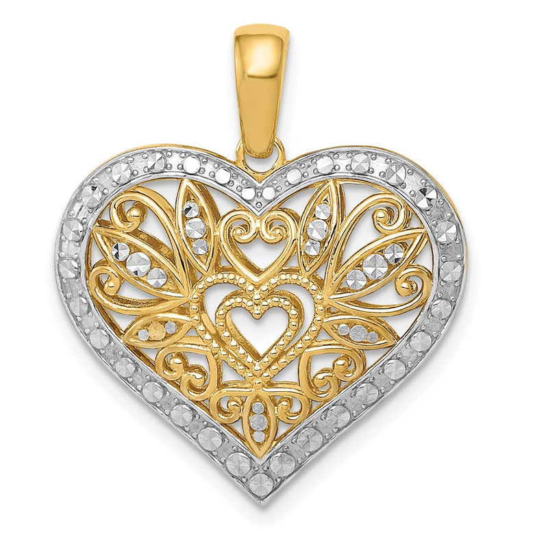 14K Gelb- und Rhodiumgold mit Rhodium, poliert, diamantgeschliffener Filigran-Herz-Anhänger