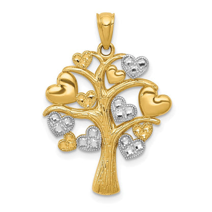 14K Gelb- und Rhodiumgold sowie Weißrhodium Polierter Herzbaum-Anhänger