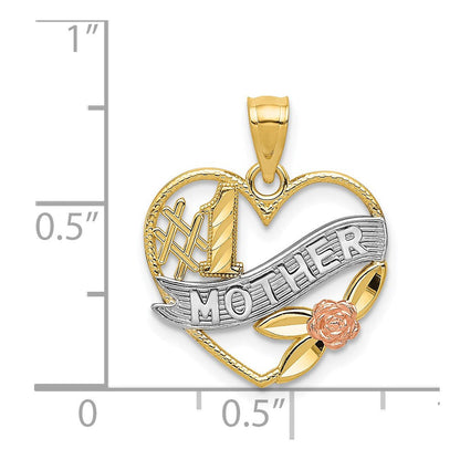 14K Bicolor Gelb und Rose mit Rhodium Diamantiert #1 Mutter Herz mit Rose Anhänger