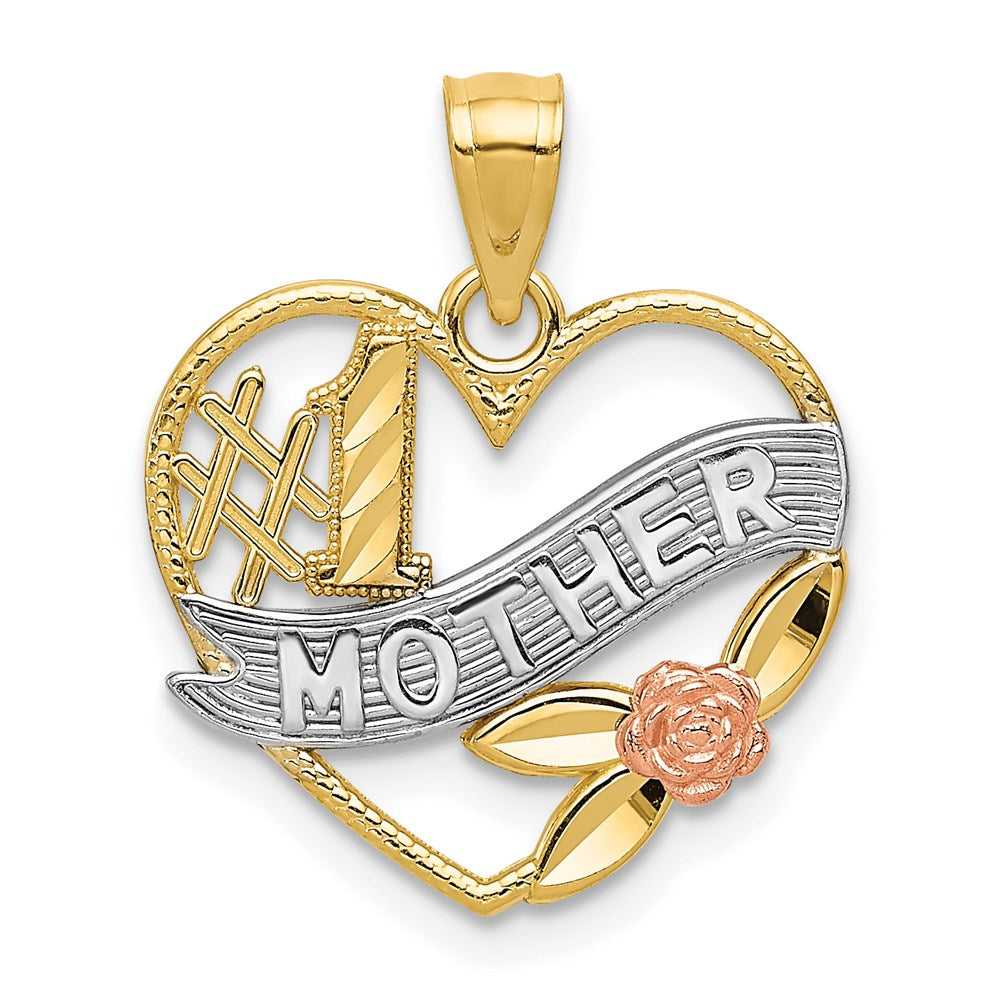 14K Bicolor Gelb und Rose mit Rhodium Diamantiert #1 Mutter Herz mit Rose Anhänger