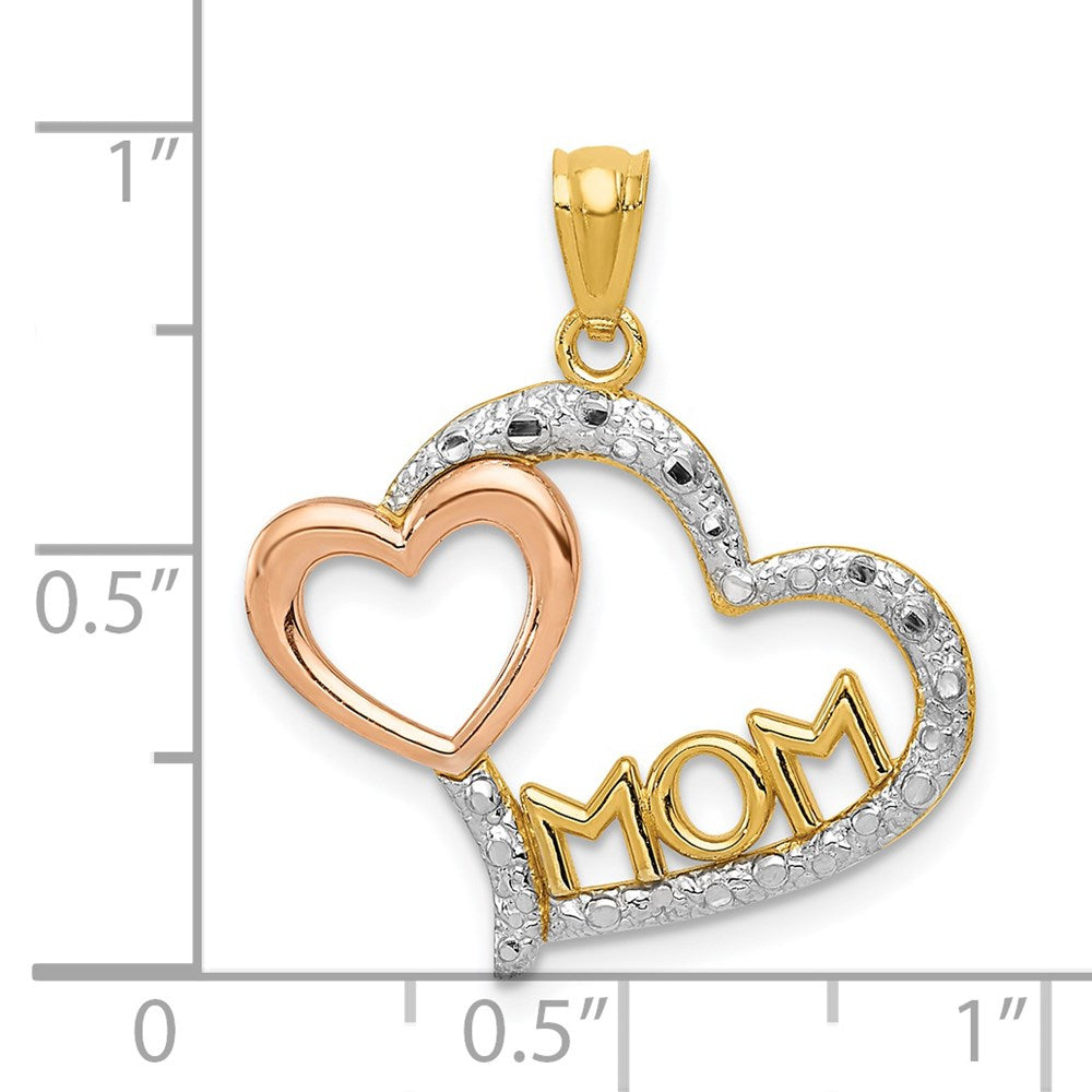 14K Bicolor-Gold mit Weißrhodium diamantierter Anhänger „MOM im Herz" mit Herz