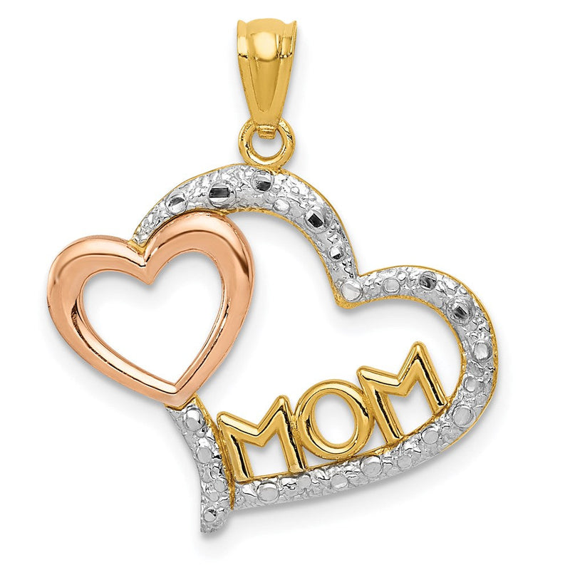 14K Bicolor-Gold mit Weißrhodium diamantierter Anhänger „MOM im Herz" mit Herz