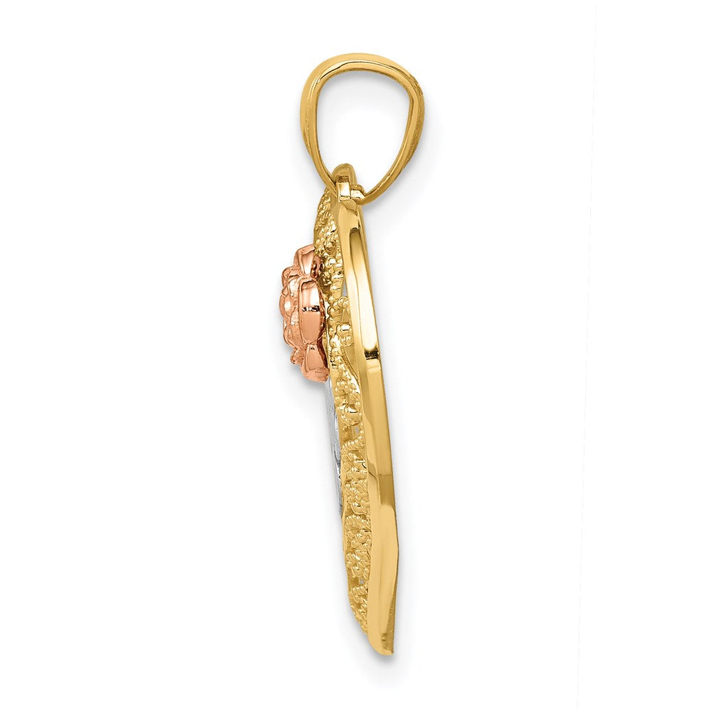 14K Bicolor mit Weiß Rhodium Diamantiert Mama in Herz mit Rose Anhänger