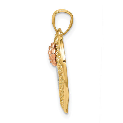 14K Bicolor mit Weiß Rhodium Diamantiert Mama in Herz mit Rose Anhänger