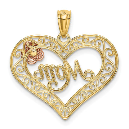 14K Bicolor mit Weiß Rhodium Diamantiert Mama in Herz mit Rose Anhänger
