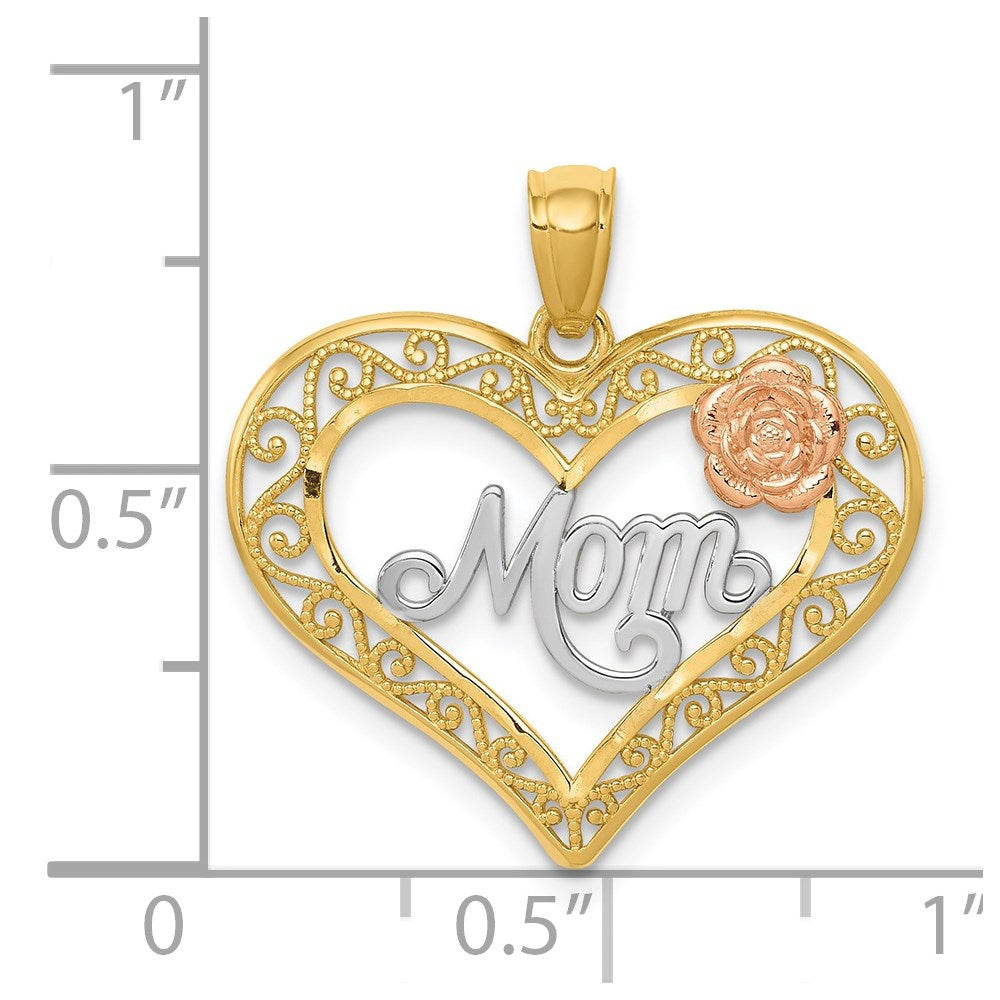 14K Bicolor mit Weiß Rhodium Diamantiert Mama in Herz mit Rose Anhänger