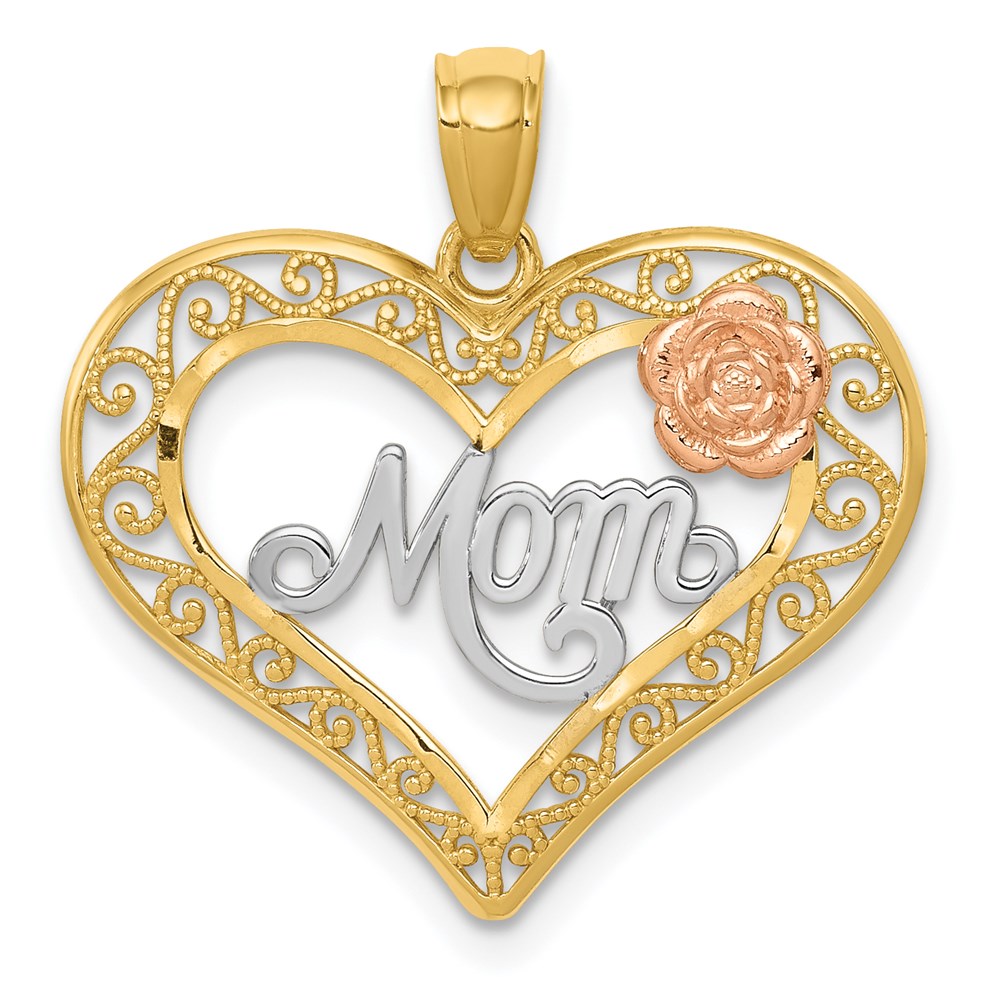 14K Bicolor mit Weiß Rhodium Diamantiert Mama in Herz mit Rose Anhänger