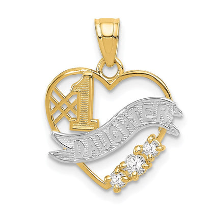 14K Gelb & Rhodium mit Rhodium Zirkonia #1 Tochter Herz Anhänger