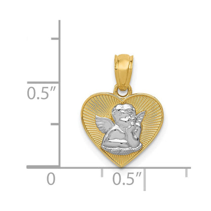 14K Gelb & Rhodium mit Rhodium Poliert Schutzengel Engel in Herz Anhänger