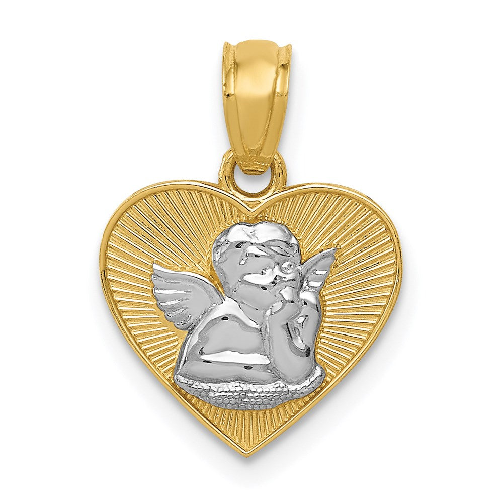 14K Gelb & Rhodium mit Rhodium Poliert Schutzengel Engel in Herz Anhänger