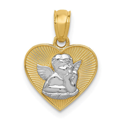 14K Gelb & Rhodium mit Rhodium Poliert Schutzengel Engel in Herz Anhänger