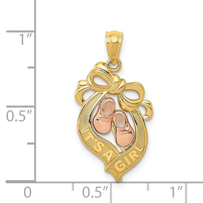 14K Bicolor Gold (Gelbgold und Roségold) "Its a Girl" Schleifen-Anhänger