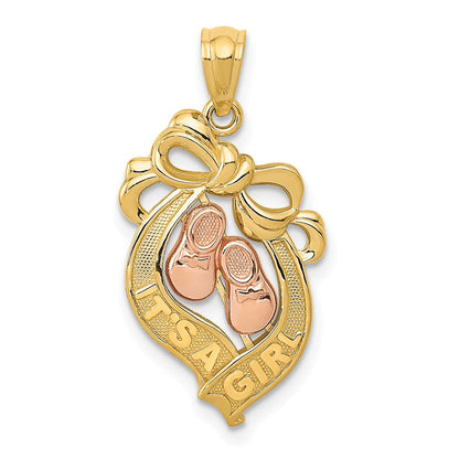 14K Bicolor Gold (Gelbgold und Roségold) "Its a Girl" Schleifen-Anhänger