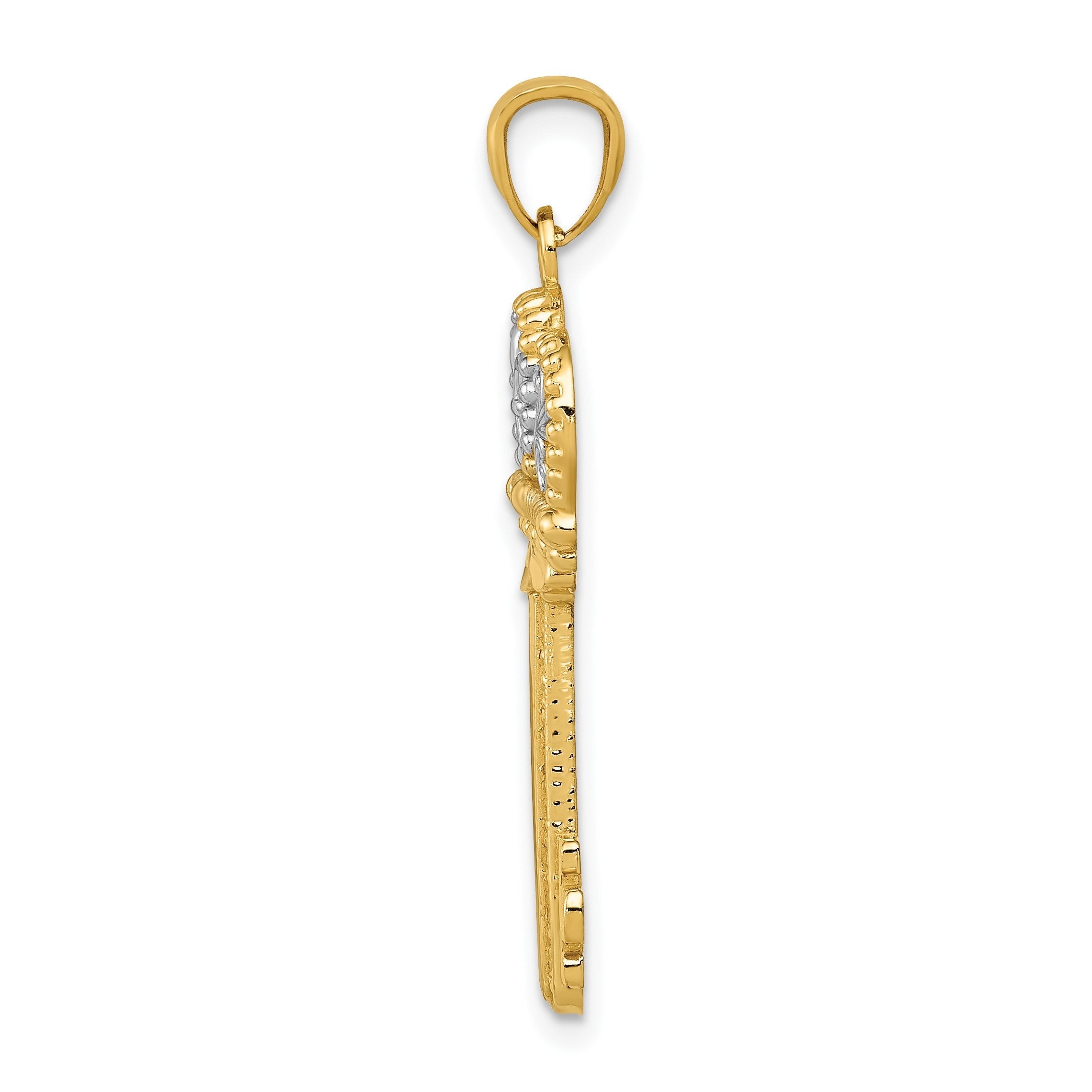 14K Gelb & Rhodium mit Weiß Poliert Fleur De Lis Krone Key Charm