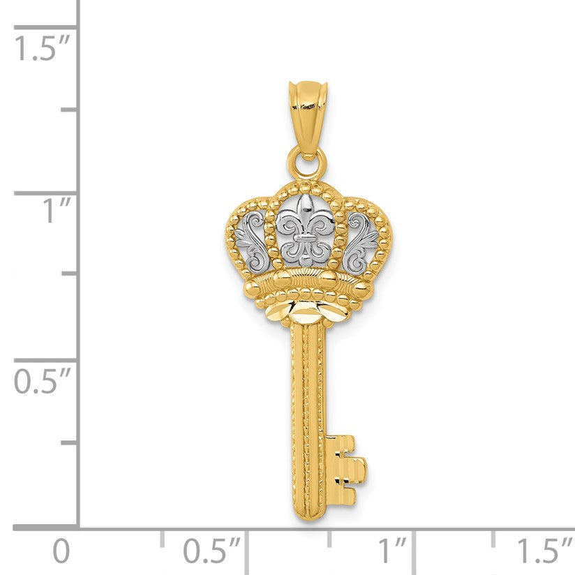 14K Gelb & Rhodium mit Weiß Poliert Fleur De Lis Krone Key Charm