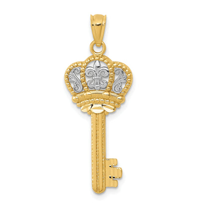 14K Gelb & Rhodium mit Weiß Poliert Fleur De Lis Krone Key Charm