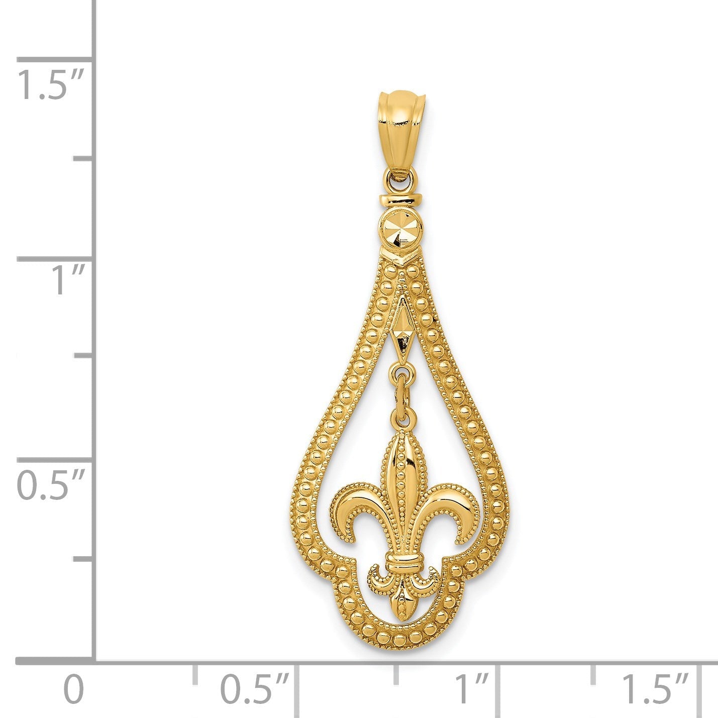 14K Gelbgold Diamantiert Poliert Fleur De Lis Hängend Anhänger