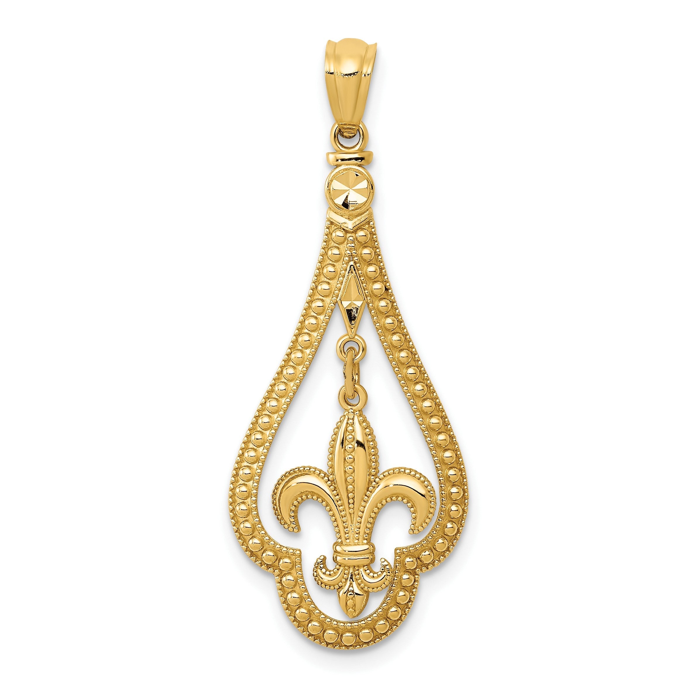 14K Gelbgold Diamantiert Poliert Fleur De Lis Hängend Anhänger