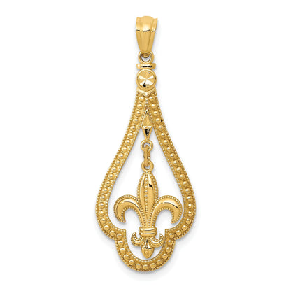 14K Gelbgold Diamantiert Poliert Fleur De Lis Hängend Anhänger