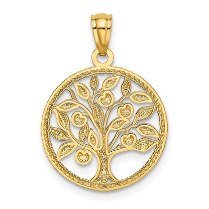 14K Gelbgold Poliert Baum Of Leben in Rund Anhänger