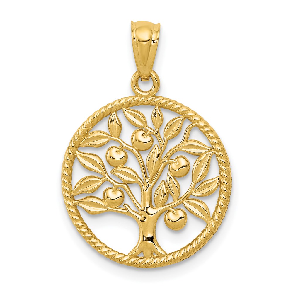 14K Gelbgold Poliert Baum Of Leben in Rund Anhänger