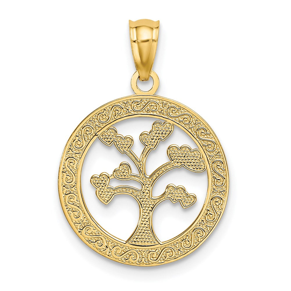 14K Gelbgold Poliert Ein Familie Many Herzen Baum Anhänger
