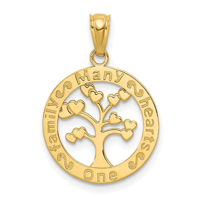 14K Gelbgold Poliert Ein Familie Many Herzen Baum Anhänger