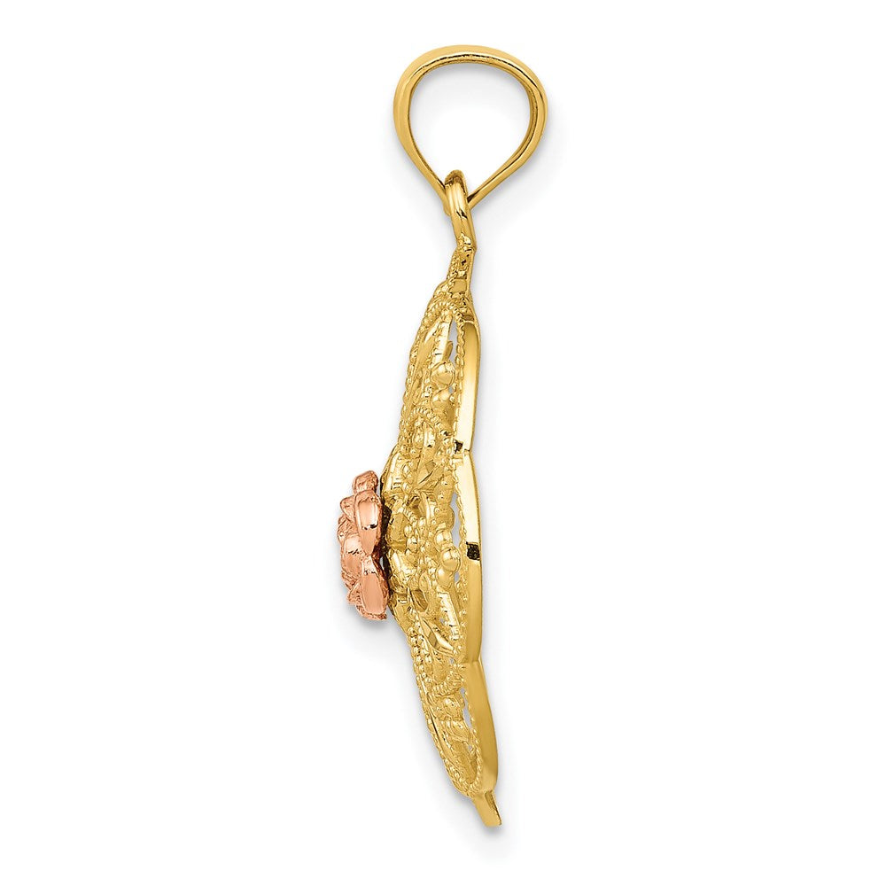 14K Bicolor Gelb und Rose Poliert in Rund Filigran Charm