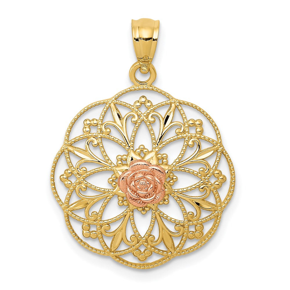 14K Bicolor Gelb und Rose Poliert in Rund Filigran Charm