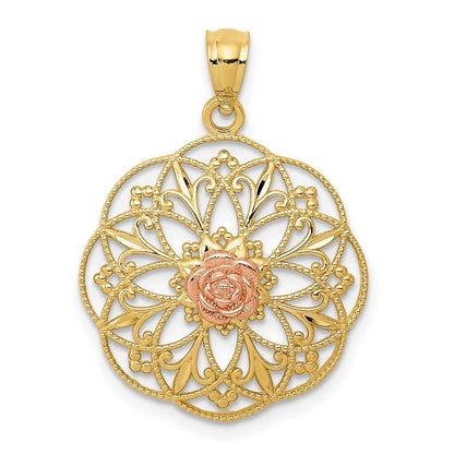 14K Bicolor Gelb und Rose Poliert in Rund Filigran Charm