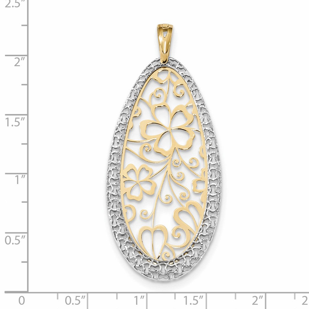 14K Bicolor Gold Polierter und Diamantgeschliffener Blumen-Tropfen-Anhänger