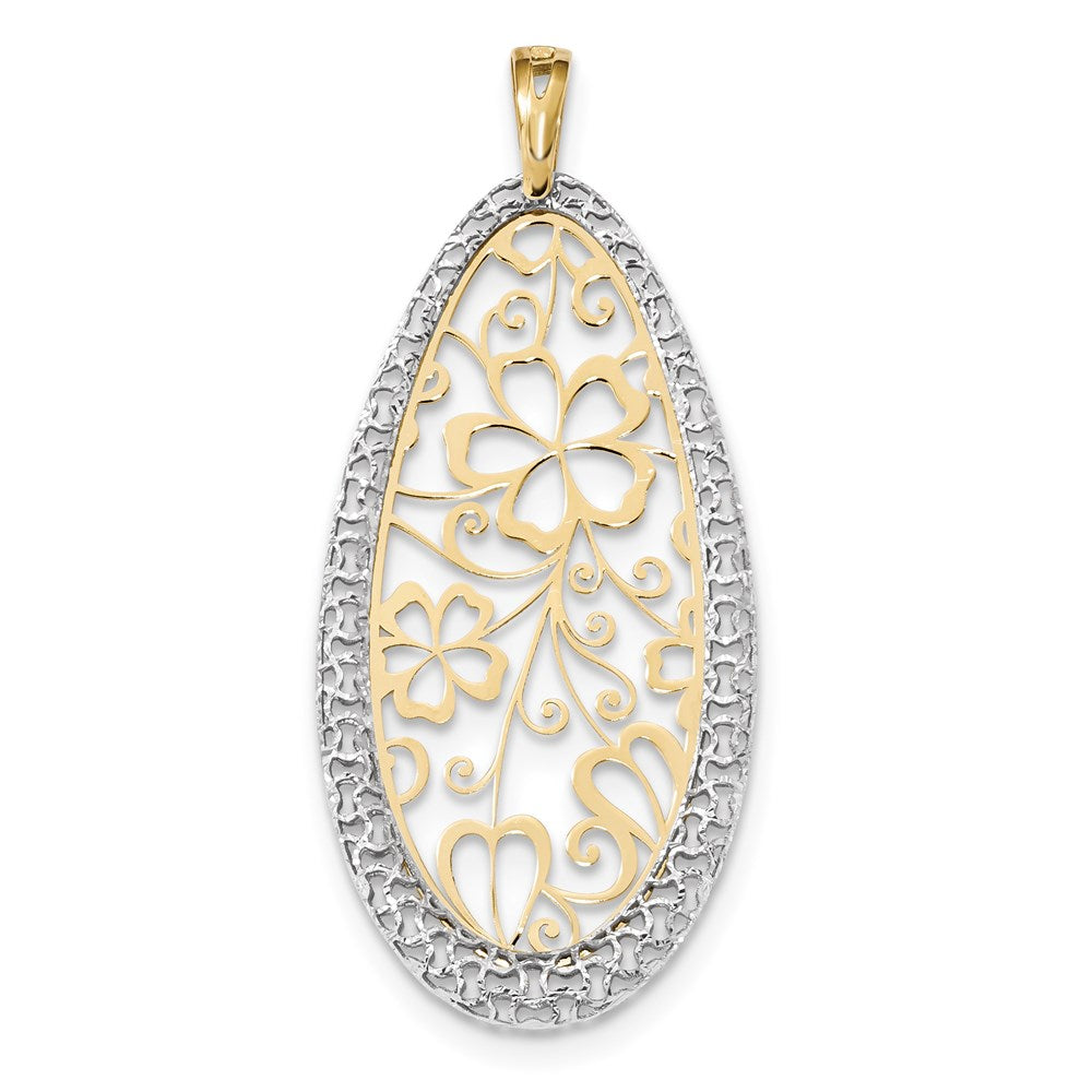 14K Bicolor Gold Polierter und Diamantgeschliffener Blumen-Tropfen-Anhänger