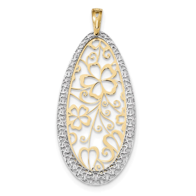 14K Bicolor Gold Polierter und Diamantgeschliffener Blumen-Tropfen-Anhänger