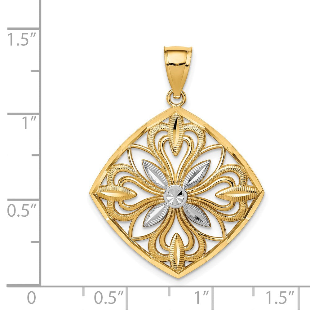 14K Gelb- & Rhodium-Gold mit Rhodium diamantgeschliffener, polierter, quadratischer Charm im Fantasie-Design