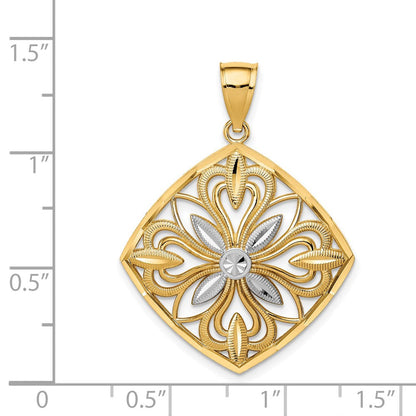 14K Gelb- & Rhodium-Gold mit Rhodium diamantgeschliffener, polierter, quadratischer Charm im Fantasie-Design