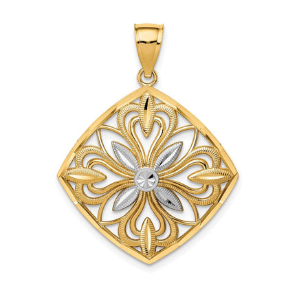 14K Gelb- & Rhodium-Gold mit Rhodium diamantgeschliffener, polierter, quadratischer Charm im Fantasie-Design