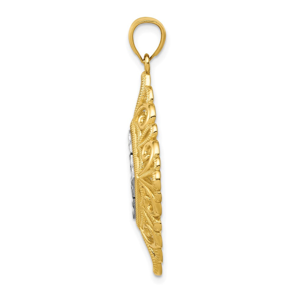14K Gelb- und Rhodiumgold Anhänger in Diamantform mit Rhodium-Diamantschliff und Filigran