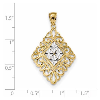 14K Gelb- und Rhodiumgold Anhänger in Diamantform mit Rhodium-Diamantschliff und Filigran