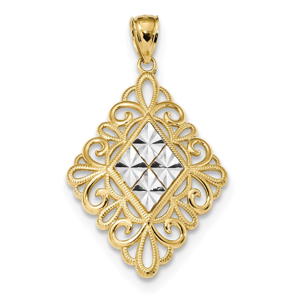 14K Gelb- und Rhodiumgold Anhänger in Diamantform mit Rhodium-Diamantschliff und Filigran