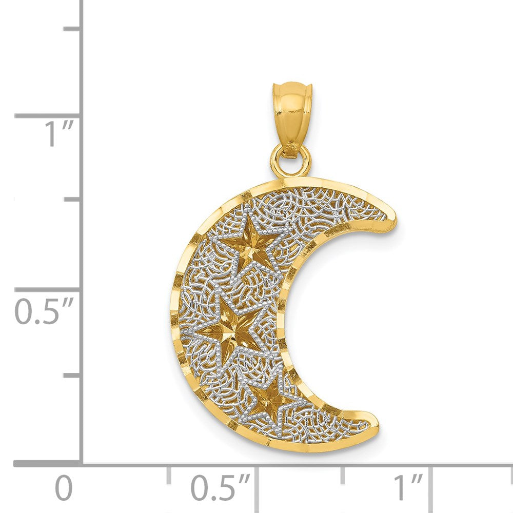 14K Gelb- und Rhodiumgold Anhänger mit Rhodium, diamantiert, zweistufige Sterne im Mond