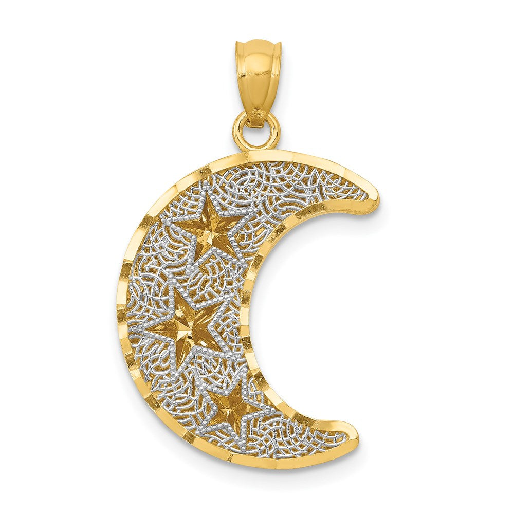 14K Gelb- und Rhodiumgold Anhänger mit Rhodium, diamantiert, zweistufige Sterne im Mond