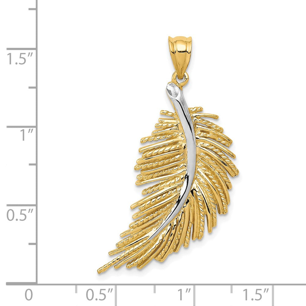 14K Gelb- und Rhodiumgold Feder-Anhänger mit poliertem Weißrhodium