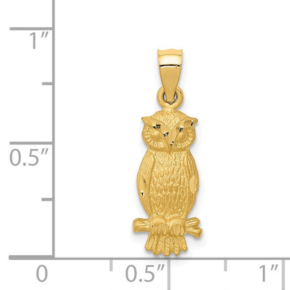 14K Gelbgold Satiniert Diamantiert Eule Anhänger