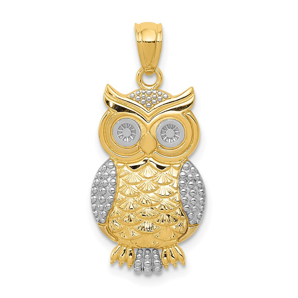 14K Gelb & Rhodium mit Poliert / Strukturiert Eule Anhänger
