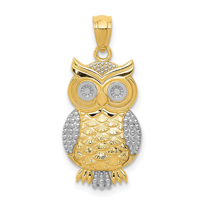 14K Gelb & Rhodium mit Poliert / Strukturiert Eule Anhänger
